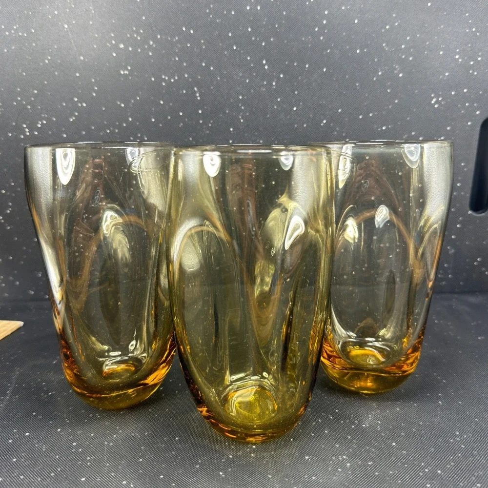 Russel Wright Pinch Amber Glass Tumblers 16oz Mid Century Modern Set of 3 6inch